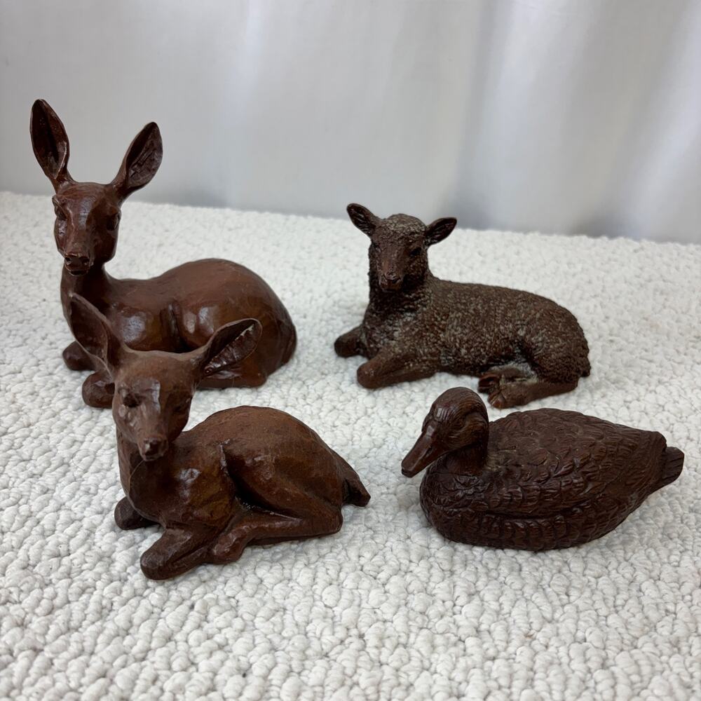 Red Mill Figure Lot of 4: Laying Deer, Fawn & Sheep + Duck Vintage Resin USA